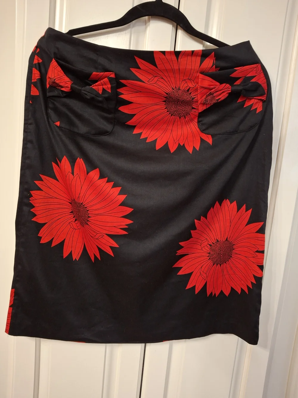 Women's Black Pencil Skirt with Red Floral Print